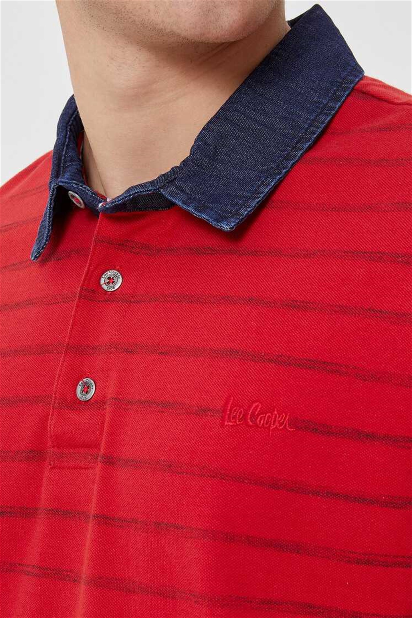 Lee Cooper Matty Erkek Denim Yaka T-Shirt Kırmızı Çizgili. 4