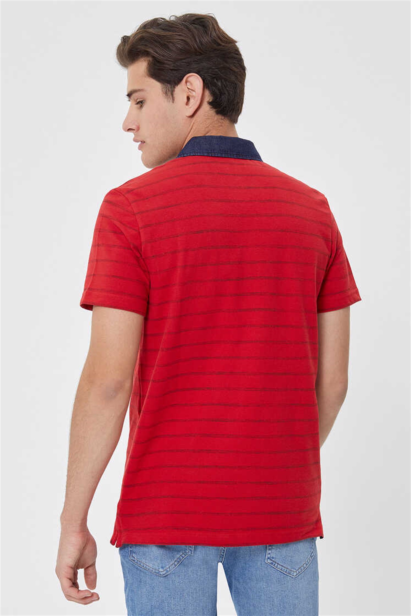 Lee Cooper Matty Erkek Denim Yaka T-Shirt Kırmızı Çizgili. 3